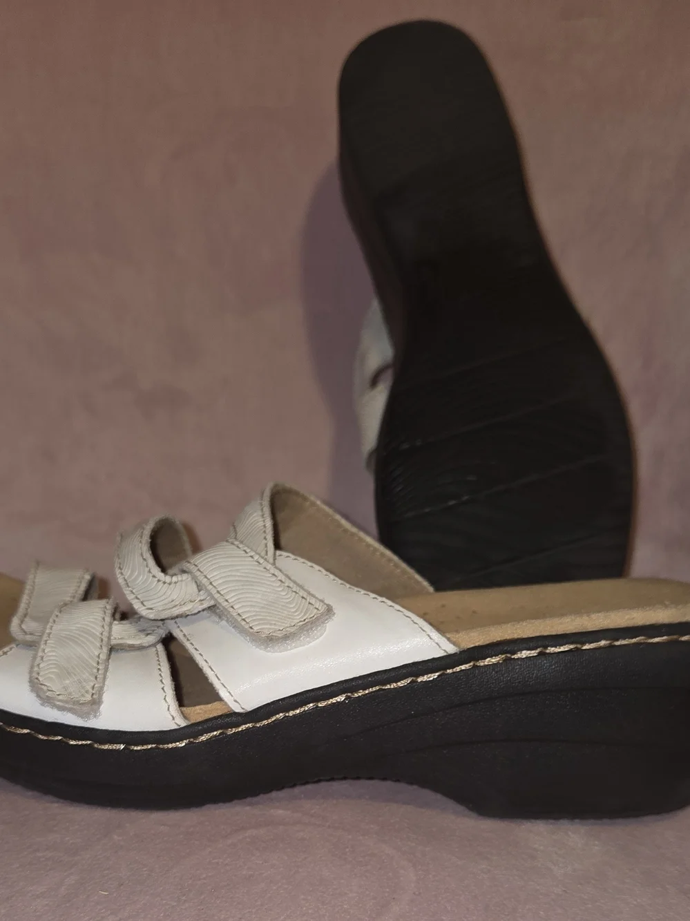 Clarks White Multi-Strap Wedge Slide Sandals